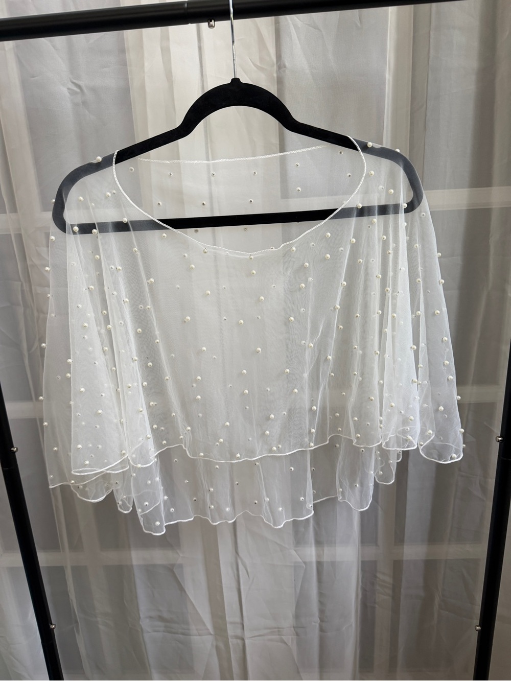 Sheer White Pearl-Embellished Cape Top